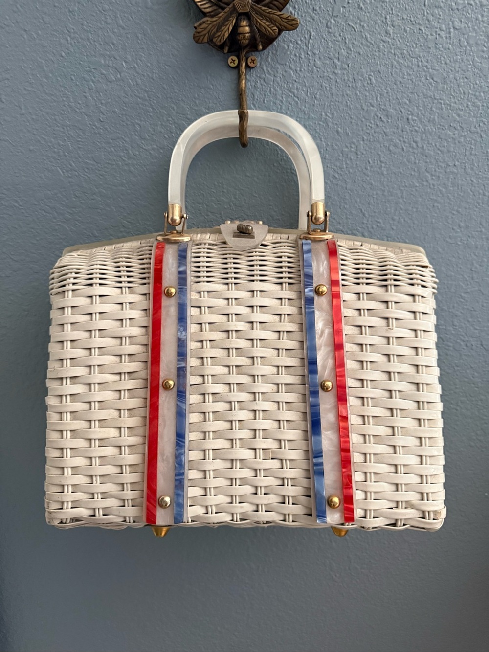 Vintage White Wicker Handbag with Red & Blue Trim